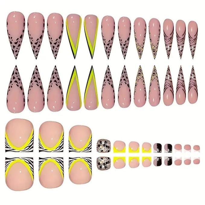 Leopard French Tips Press on Nails Long Almond Fake Nails with Green Striped Design Zebra French Tips Press on Toenails Rhinestones False Toenails Short Square Fake Toenails for Women Manicure 48Pcs