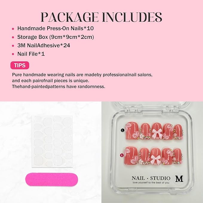 Handmade Press on Nails Short Square Fake Nails Rhinestones False Nails 3D Bow Flower Artificial Acrylic Thick Stick on Nails Handmade for Women Manicure Art Decorations (Size M)