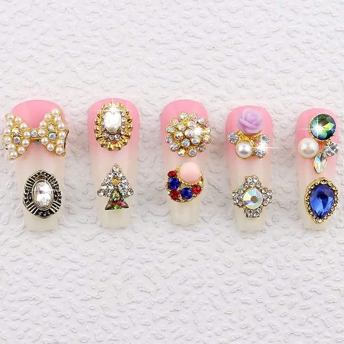 50pcs 3D Gold Nail Charms for Acrylic Nails Mix Styles Rhinestones for Nails Metal Nail Jewels for Nail Art Shiny Zircon Nail Rhinestones Alloy Nail Charm Pearl Nail Gems Cute Charms for Nails Design