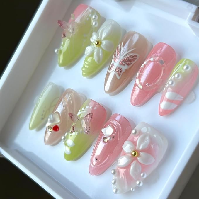 Press On Nails - Medium Almond Handmade Unique Fake Nails, Green and Pink Pairing, Thick Acrylic and Muti-Layer Gel False Nails, Reusable Gel Cured Sturdier 3D Fake Nails, DIY Art Decorate (Size M)