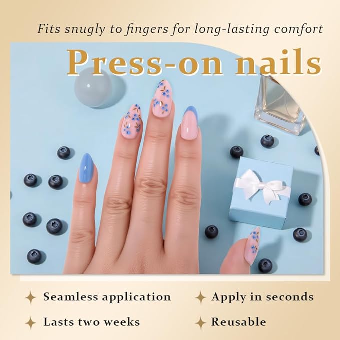evpct Nude Pink Press on Nails Short Almond with Blueberry Design, Blue Tip Full Cover Fake Nails Reusable Perfect Fit Nail Kit with Kits Tabs File, Stick on Soft Nail for Women Manicure, 24Pcs