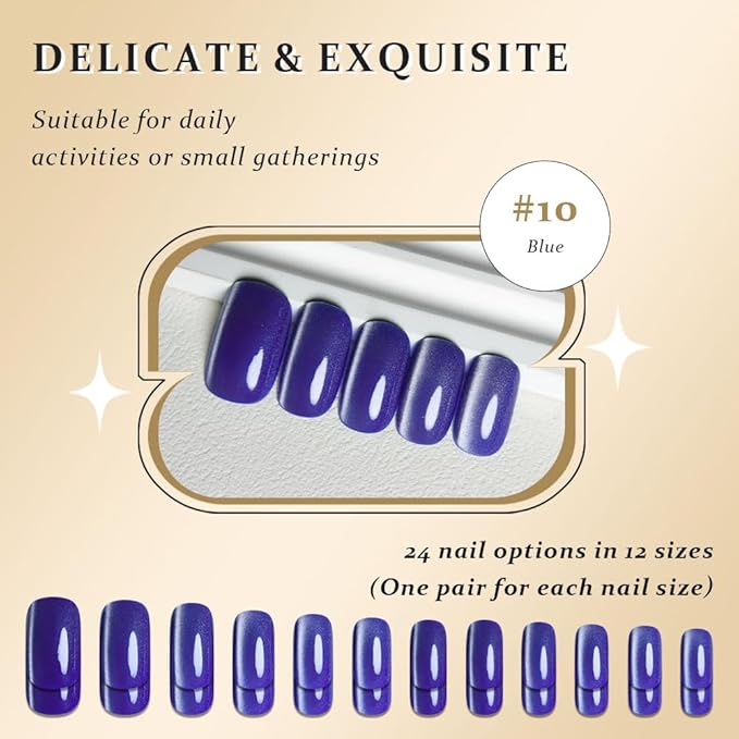 Blue Cat Eye Press on Nails Medium Square, Medium Square Press Stick on Nails Chrome for Women Gift, Blue Holographic Glitter Glossy Reusable Soft Gel Acrylic Fake Nail with Designs Cateye Effect