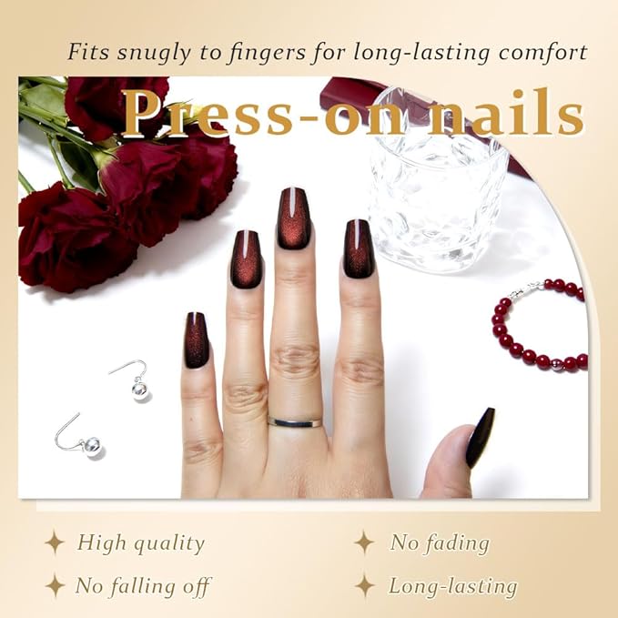 evpct Reddish Brown Cat Eye Coffin Press on Nails Square Medium, Medium Square Stick on Nails for Women Gift, Wine Red Metallic Glitter Glossy Reusable Spring Summer Gel Press on Acrylic Fake Nail