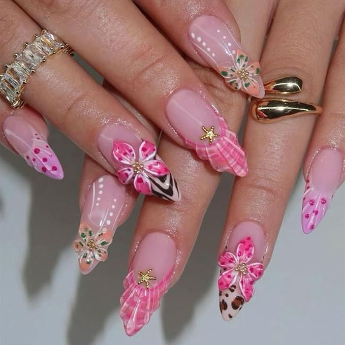 Long Almond Press on Nails Fake Nails Gradient Floral Animal Print Stick on Nail for Women 24pcs