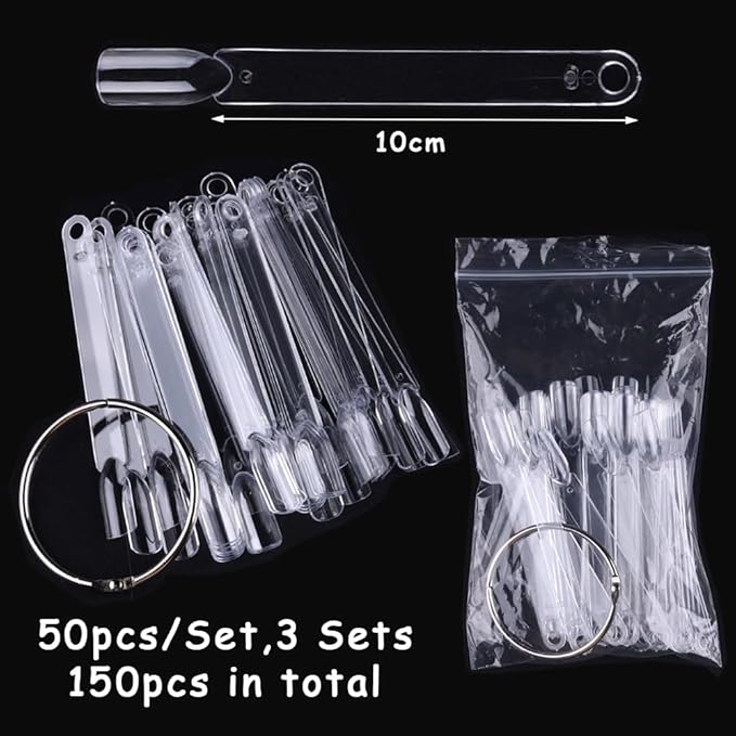 150 Pcs Nail Swatch Sticks with Ring, Clear Fan-shaped Nail Art Tips False Nail Sample Sticks, Nail Art Polish Practice Color Display Board Nail Supplies for Home or Salon Use