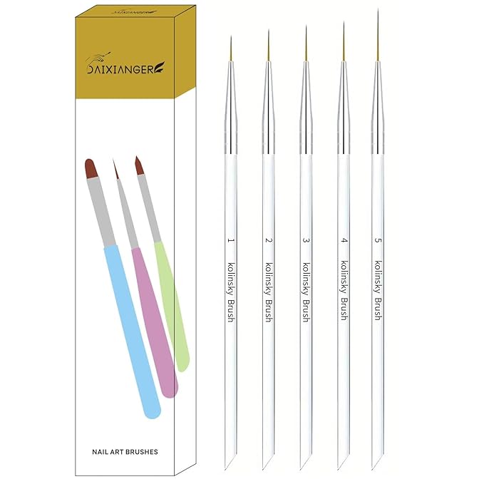 5Pcs Kolinsky Nail Art Liner Brushes Set, Precision Striping Brushes for Long Lines & Intricate Details, Sizes 7/9/13/18/25mm Fine Liner Pens for Gel Polish & DIY Nail Design