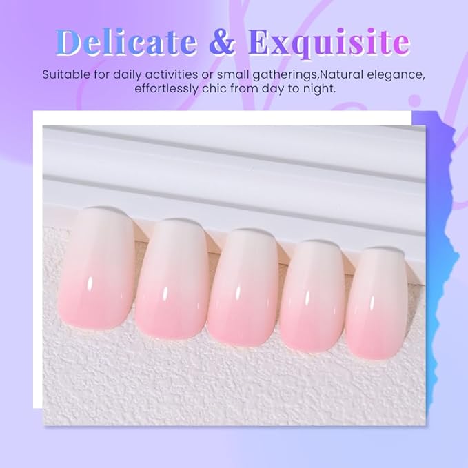 White Light Pink Ombre Press on Nails Coffin Acrylic Fake Nails Design, Natural Reusable Nails Kit for Women DIY False Nail Art Decoration Gift, Salon Quality Reusable 30 Pcs