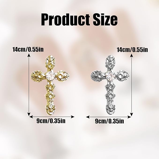 3D Cross Nail Charms, 40 Pcs Gold Silver Crystal Cross Nail Decorations for Nail Art, Metal Nail Rhinestones Cross Charms for DIY Design and Jewelry Making (Gold + Silver)