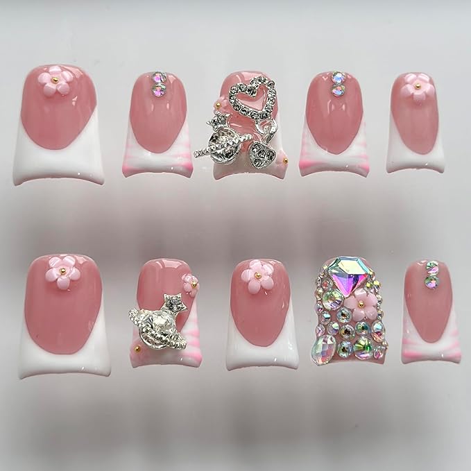 Luxury Press on Nails Short Duck Handmade 3D Unique Reusable ABS Material Fake Nails White French Tip False Nails with Designs Pink Flower Rhinestones Glossy Glue on Nail Thick Acrylic Nail(M)