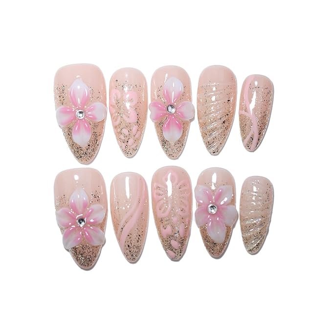 10 Medium Almond Handmade Press On Nails | Coquette Aesthetic Pink Ombre Fake Nails with 3D Floral, Glitter Gradient & Rhinestone Accents | Easy Apply & Remove, Reusable Salon Quality Nails (5U06, S)