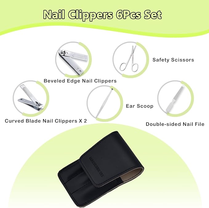 Nail Clippers Set, 6 Pcs Toenail Clippers Stainless Steel Fingernail Clippers Manicure Set with Leather Case, Idea Gift for Christmas Stocking Stuffers, Black