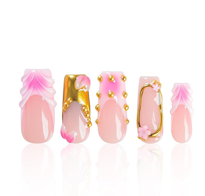 LOVFUL Short French Tip Press on Nails Rosy Charm | Handmade Acrylic Press ons| Reusable Fake False Nails | Square Classic Regular 1.3in | H692-S