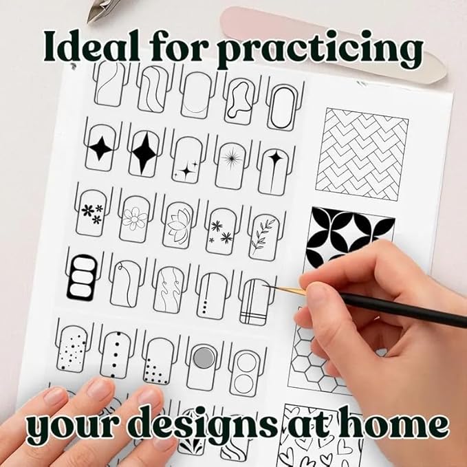 Gel & Acrylic Nail art Practice Sheet,Reusable Nail Art Training mat DIY Sticker Stencil Guide French Tip stiletto Nail Sculpting 3D Nail Design Worksheet Nail Tech Practice Gel X acrylic nails (18)