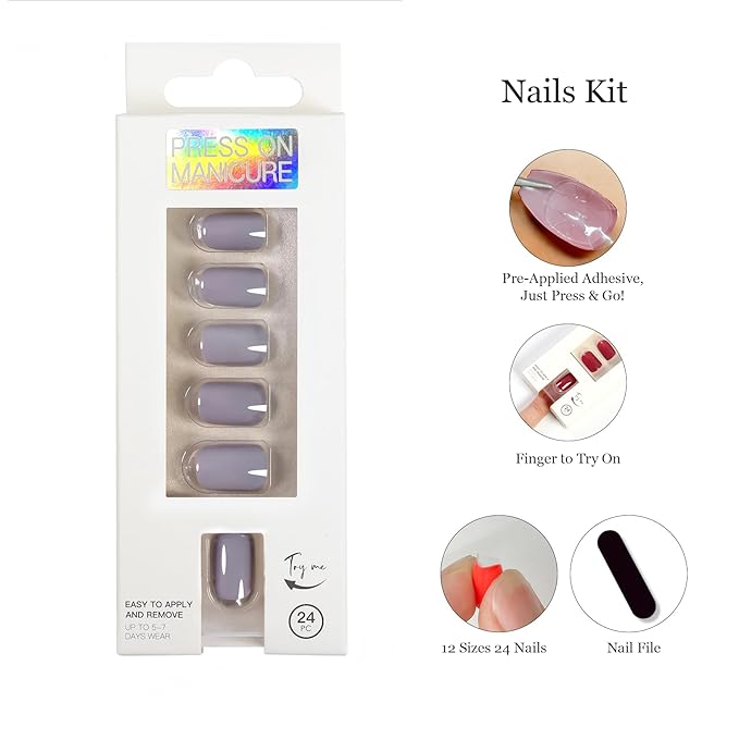Press On Nails Short Square - Dusty Purple No Glue Soft Gel Nail Kit For Women, Instant Manicure Safe on Natural Nails, 24 Nails in 12 Sizes with File