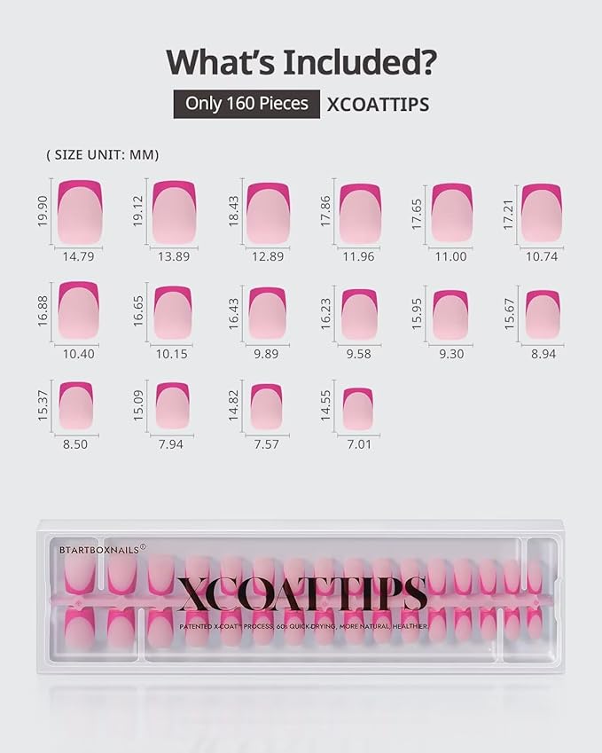 BTArtboxnails French Tip Press On Nails - Pink Short Square Valentines Press On Nails, Soft Gel Nail Tips, 160Pcs Soak Off Acrylic Fake Nail Extension in 16 Sizes