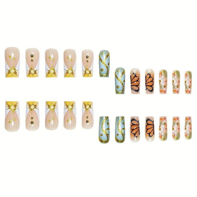 Buttterfly Press on Nails Long Square Fake Nails French Tip Press on False Nails with 3D Butterfly and Ombre Design Acrylic Long Nails Press ons Stick on Nail for Women 24pcs