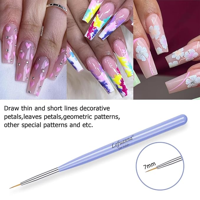Lofuanna Art Liner Brushes Set 5PCS - UV Gel Polish Painting Acrylic Brushes for Nail Design - Drawing Pens for Home Use and Professional Salon - Sizes 7/9/11/15/20mm