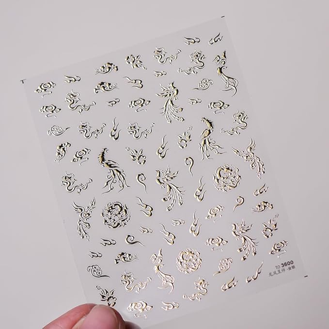 Dragon Phoenix Nail Art Stickers Gold Silver Laser Chinese Phenix Totem Nail Decals for New Year Acrylic Nails Tattoo Design Supplies (Phoenix)