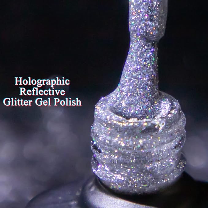MIZHSE Glitter Gel Polish, Silver Sparkle Gel Nail Polish Diamond Disco Reflective Glitter Gel Polish Soak Off U V Nail Art Varnish Manicure Home DIY 10ml