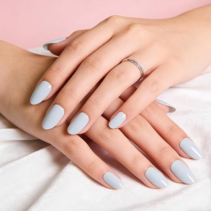 Blue Press On Nails,Medium Glue On Nails Kit 30-Piece-15 Sizes Durable Reusable Press On Nails for Women Gift(HCK414 light blue)
