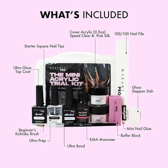 MakarttPro Mini Acrylic Nail Kit for Beginner Nail Technicians 12pcs - Starter Set with Pink & Clear Acrylic Powders, EMA Monomer, Kolinsky Brush and Nail Essentials
