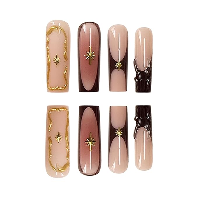 Long Square Press on Nails Fake Nails Artificial Nail Stick on Nail for Women Elegant Brown & Gold Design with Star & Clear Sparkle Accents for Women 24pcs