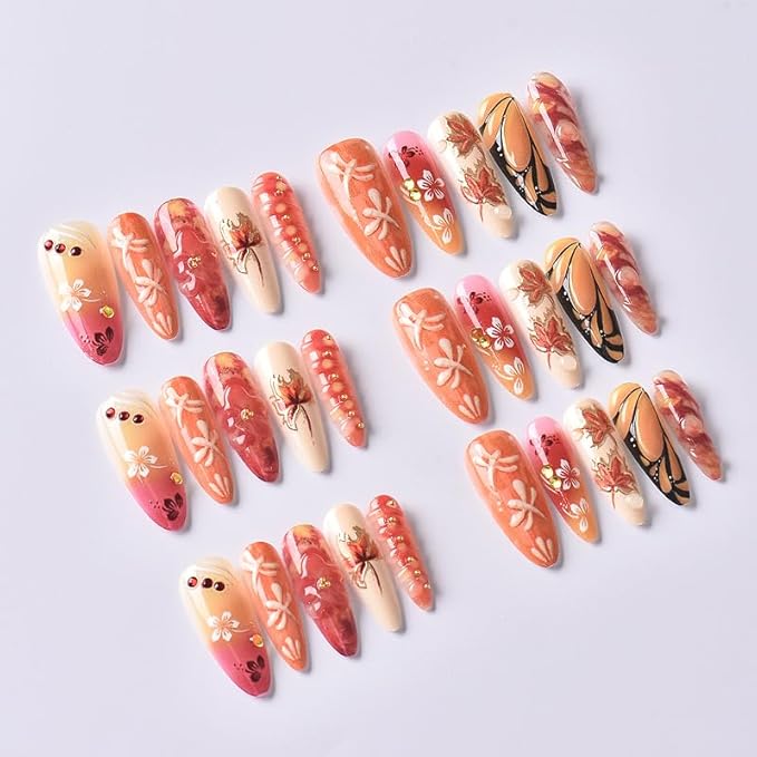 Long Almond Press on Nails Fall Themed 3D Handpainted False Nails with Floral Butterfly and Maple Leaves Stick on Nail for Women 24pcs