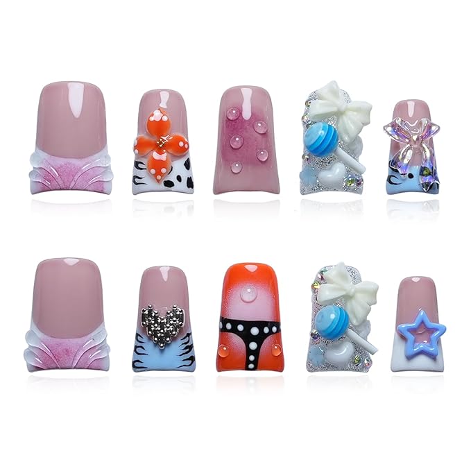 Duck Handmade Press on Nails 3D Florals Bow Candy Heart Nails Charms Design - Flower French Tip Short False Nails Multicolor Thick Acrylic Artificial Stick On Nails (Sweet Dream Candy Pops,L)