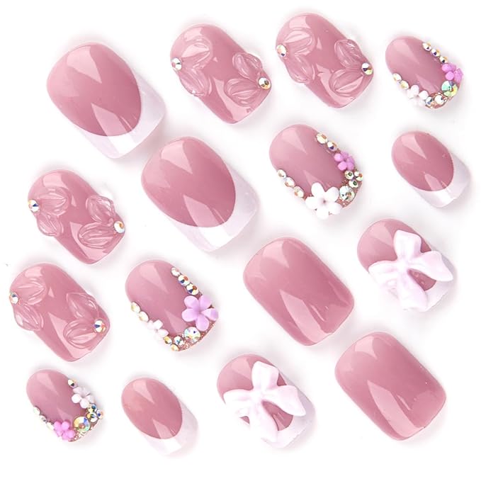 Pink Press on Short Square Fake Nails with 3D Bow Charms Design - Flower False Glue on Cute Acrylic Rhinestone Glossy Full Cover Stick on for Women Manicure - 24Pcs