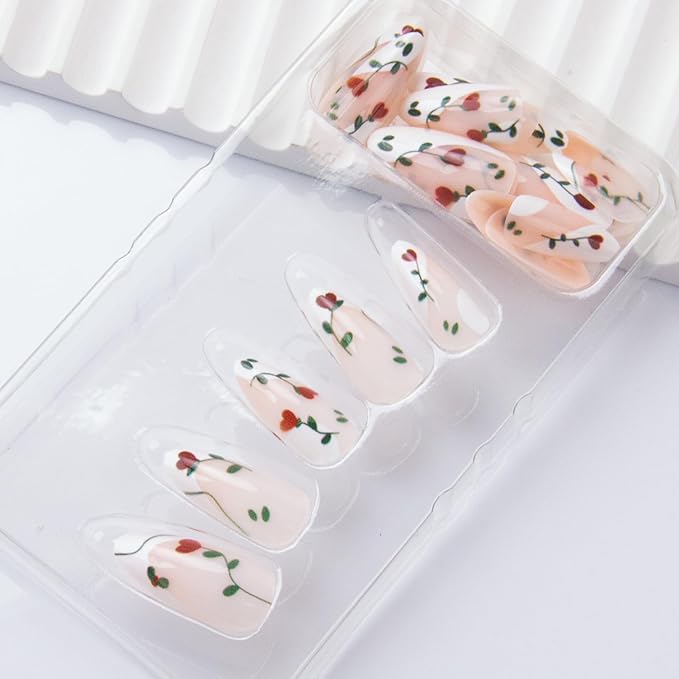 Almond Press on Nails French Tip Fake Nails with Heart Leaf False Nails Glossy Valentine's Day Glue on Nails Medium Spring Acrylic Artificial Stick on Nail for Women Girls 24Pcs