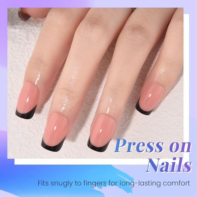 Nude+Black French Tips Press on Nails, Short Square Acrylic Fake Nails Design, Natural Reusable Glue-On Nails Kit for Women DIY False Nail Art Decoration Gift, Salon Quality Reusable 32 Pcs