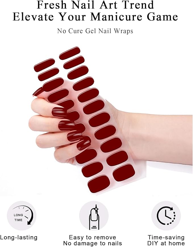 Cherry Red Nail Strips, 22 Pcs Long Lasting Gel Nail Wraps Stickers, No Lamp Needed, Easy Apply and Remove with Tools