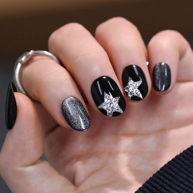 evpct Black Goth Cat Eye Short Press on Nails Oval, Short Oval Stick on Nail for Women Gift, Gothic Silver Star Metallic Glitter Glossy Reusable Spring Summer Press on Acrylic Fake Nail with Design
