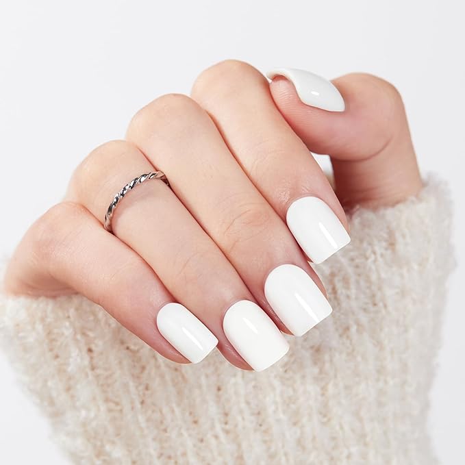 Modelones Extra Short Press on Nails, White Squoval Fake Nails, Reusable Nail Kit with Nail Glue Adhesive Tabs Mini Nail File, Spring Nails Press Ons 32Pcs 12 Sizes, Pure White, Women Girl Gift