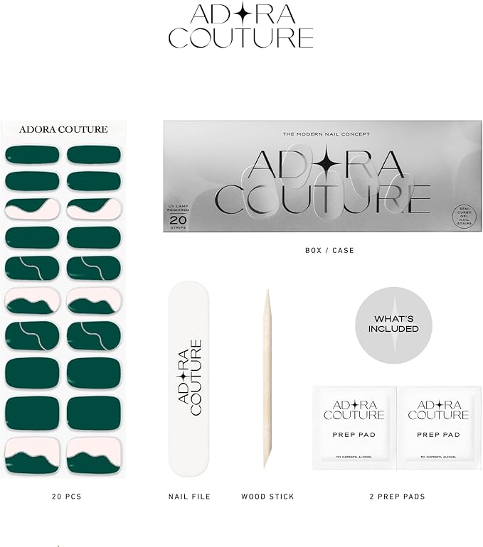 Semi-Cured Gel Nail Strips - 20 Salon-Quality Gel Sticker with UV Light Required, Long Lasting, Easy Application & Removal, Includes Prep Pad, Nail File, Wooden Stick (Green Dream)