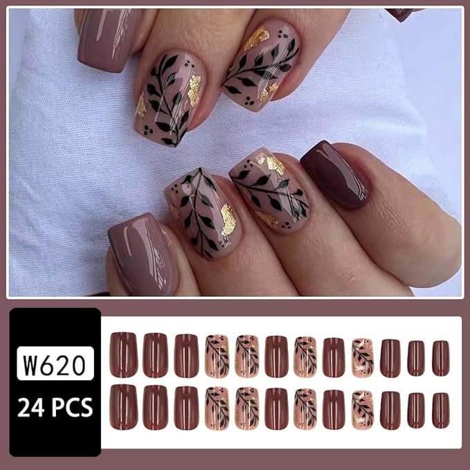 Brown Press on Nails Medium Square Fake Nails Fall Winter Nails Press ons with Gold Foil & Leaf Design,Reusable Artificial Nails Glossy Full Cover Glue on Nail Stick on Nails for Women Manicure 24Pcs
