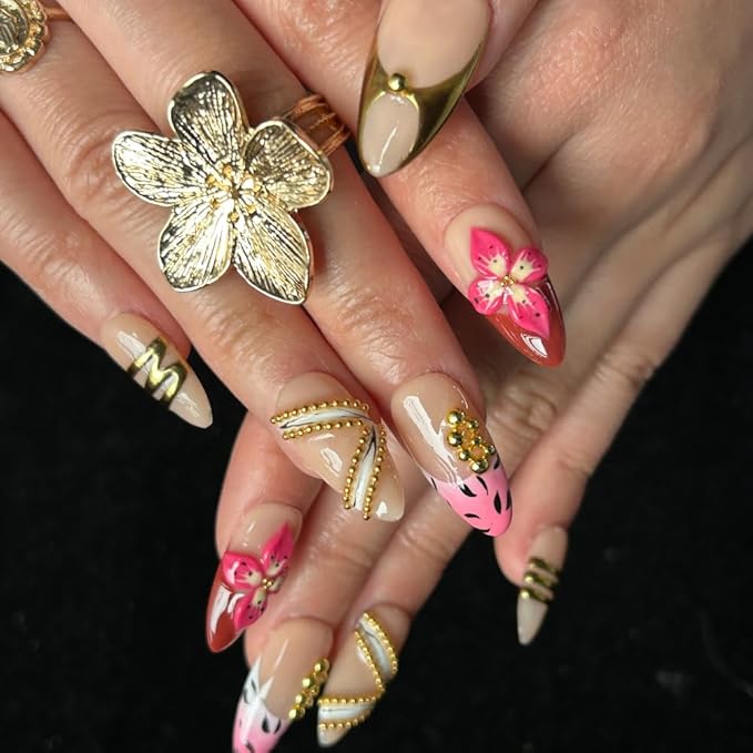 Press On Nails Medium Almond Shape - 3D Handmade Acrylic Gel Fake Nails with Glitter Designs, Reusable Thick Almond Nails for Women DIY Manicure Kit (10PCS, L Size, Easy Application)