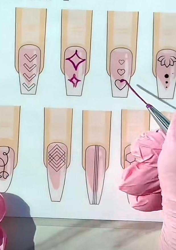 Gel & Acrylic Nail art Practice Sheet,Reusable Nail Art Training mat DIY Sticker Stencil Guide French Tip stiletto Nail Sculpting 3D Nail Design Worksheet Nail Tech Practice Gel X acrylic nails (11)
