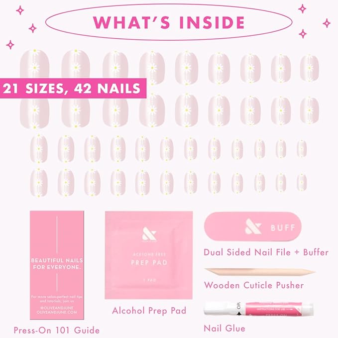 Olive & June Instant Mani Press-On Nails (Glue) | 42 Fake Nails, 21 Sizes | Non-Toxic, Long-Lasting Recycled Materials Realistic Look | Spring Flowers & Patterns | Short, Round |Daisy Chain