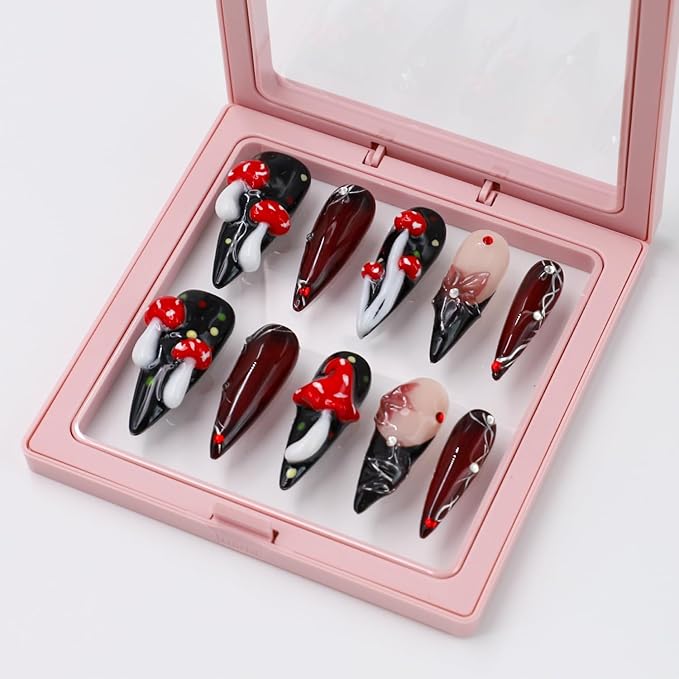 Thick Press on Nails Long Almond Handmade Nails Black Fake Nails with Glue,Cute 3D Mushroom and Flowers Art False Nails with Design Extra Long Halloween Nails Nature Stick on Nail for Wome (Size S)