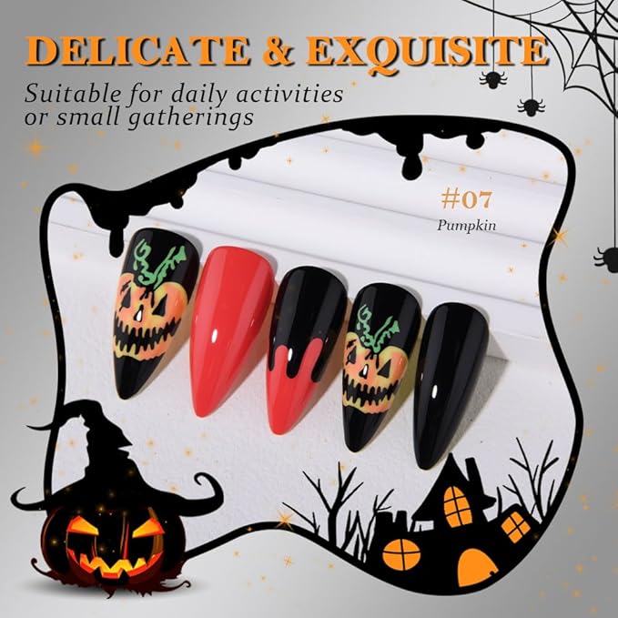 Halloween Press on Nails Medium Almond with Horror Design, Medium Almond Red Black Artificial Fake Nails with Ghost Pumpkin Designs, Perfectly Fit Soft Gel Full Cover Glossy Stick on Nail for Women
