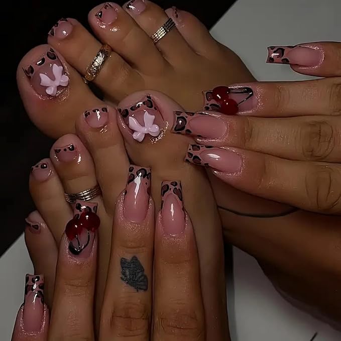 Leopard French Tip Press on Toenails Pink Press on Nails Medium Square Fake Nails with 5D Pink Bow Charms Design Glossy Skin Tones Fake Toenails 3D Cherry False Nails for Women DIY Manicure 48Pcs