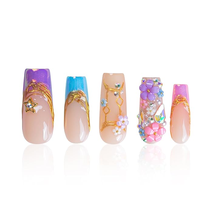LOVFUL Short French Tip Press on Nails Gemini in Full Bloom | Handmade Acrylic Press ons | Reusable Fake False Nails | Square Classic Regular 1.3in | H587-L