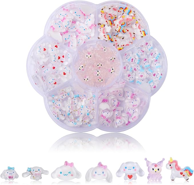 140 Pcs Nail Charms,7 Styles Kawaii 3D Flatback Cartoon White Series Charms for Nail Acrylic Slime Resin Charm for Cute DIY Nail Art Decorations Supplies,Hair Clips and Phone Cases Etc