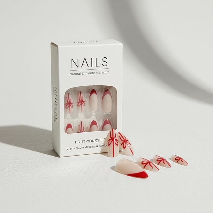 Press On Nails Almond Christmas, French Tip Press on Nails Short, Glue On Nails for Women Gift, Supremely Fit Natural Reusable Stick On Nails in 12 Sizes -24 Fake Nails Kit, French Bow