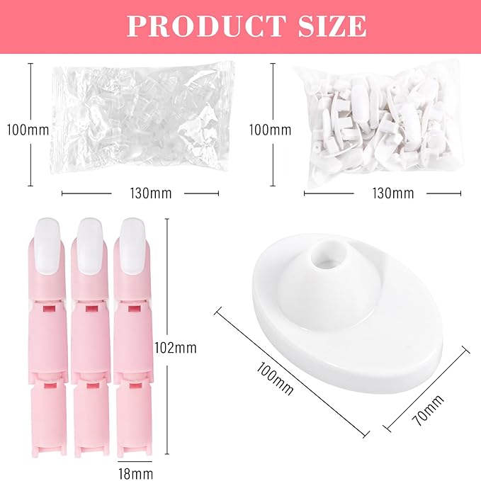 Practice Fingers for Acrylic Nails, Flexible Movable Fake Finger to Practice Fake Nails, 3PCS Adjustable Pink Nail Finger Practice with 1PC White Acrylic Finger Base, 200PCS False Nail Tips with Box