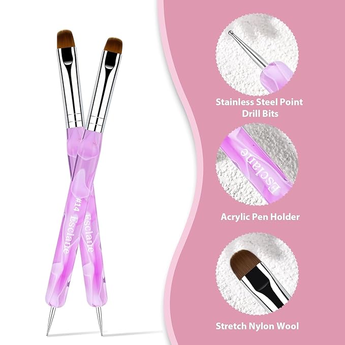 French Manicure Brush, Esclane 2 Way French Nail Brush with Dotting Tool for Manicure Cuticle Clean Up Nail Art Design, French Tip Brush (Purple, #10)