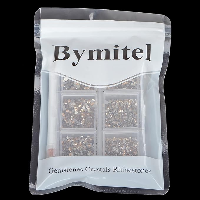 Bymitel 7200 Pieces 6 Mixed Sizes Glue Fix on Glass Rhinestones Round Crystal Gems Flatback for DIY Jewelry Making with one Picking Pen(6-Sizes 7200PCS, Lt. Peach)