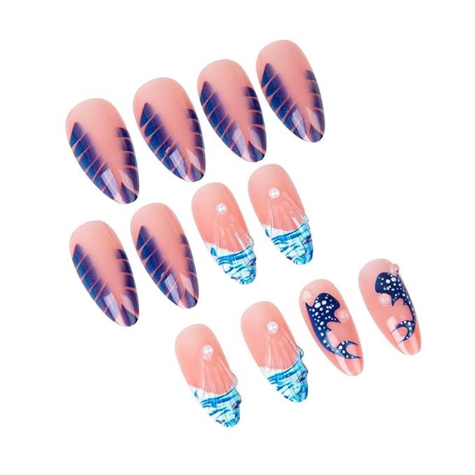 Blue Press on Nails Almond - French Tip Fake Nails with Ocean Design - Medium False Nails Full Cover Stick on Press ons - for Women 24 Pcs