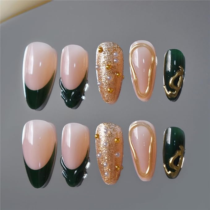 Short Press on Nails Almond Fake Nails French False Nails Green Artificial Nails with Gold Charm Designs Acrylic Nails Press ons Sparkly Stick on Nails for Women 24pcs